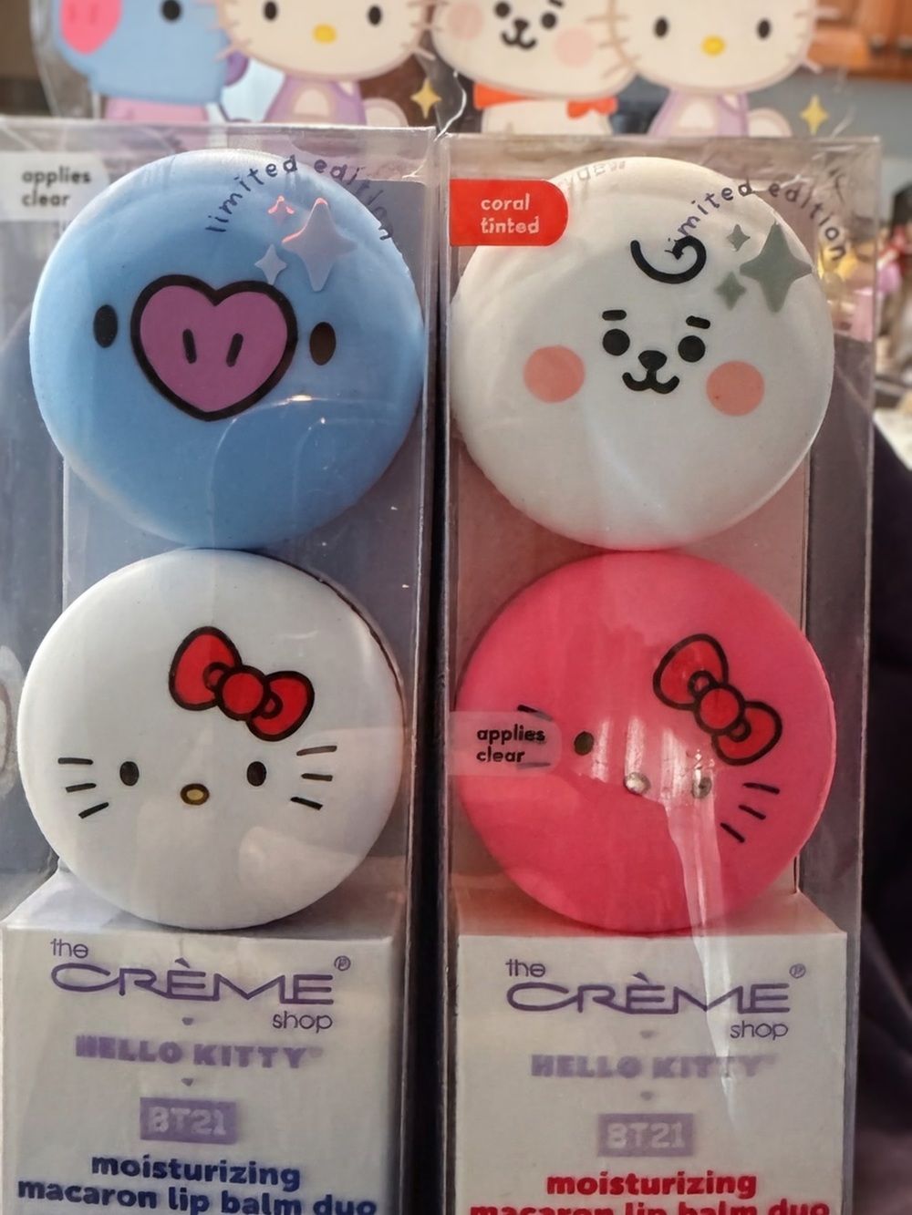 Hello Kitty & BT21 Moisturizing Macaron Lip Balm Duo - Blue, White, Pink